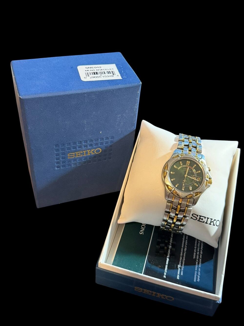 Seiko SNE042 Men's Two-Tone Solar Quartz Watch with Dark Green Dial & Day/Date -